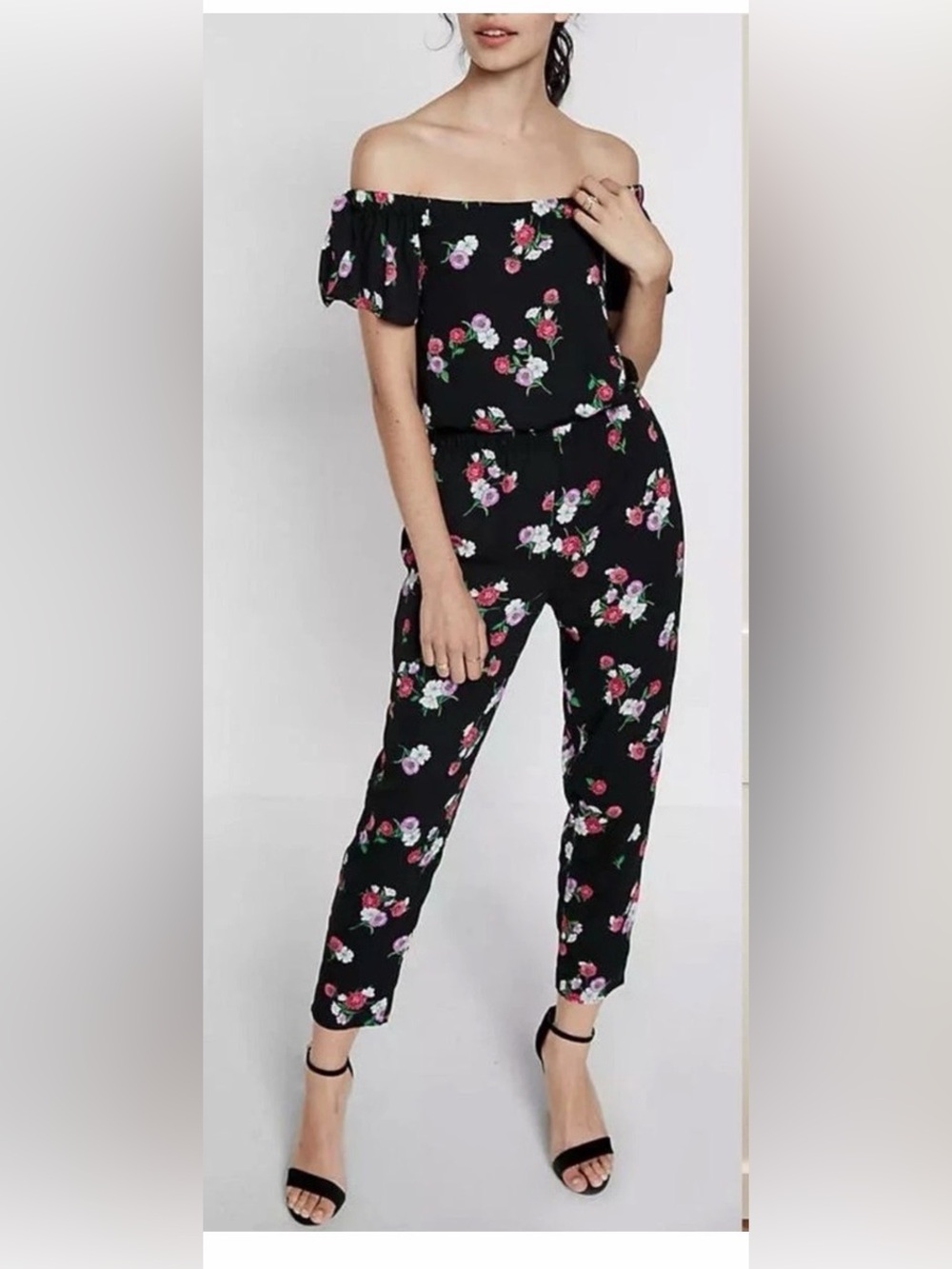 Express Floral Off-Shoulder‎ Jumpsuit Black Sz S Classic Cottagecore Festival